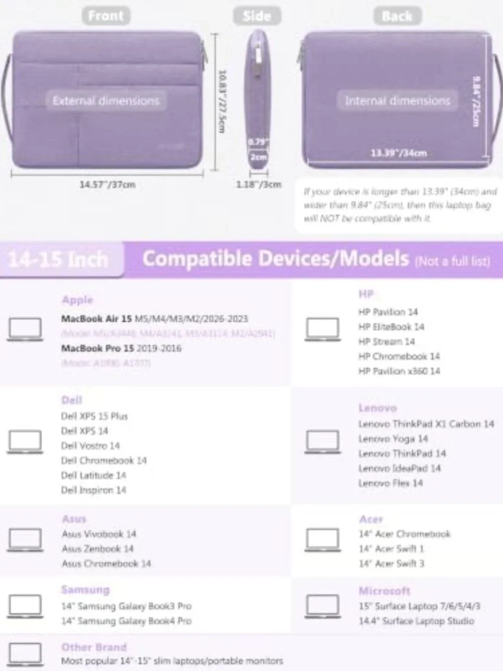 Stylish Lilac Purple 14-15 Inch Laptop Sleeve Case for MacBook Air & More